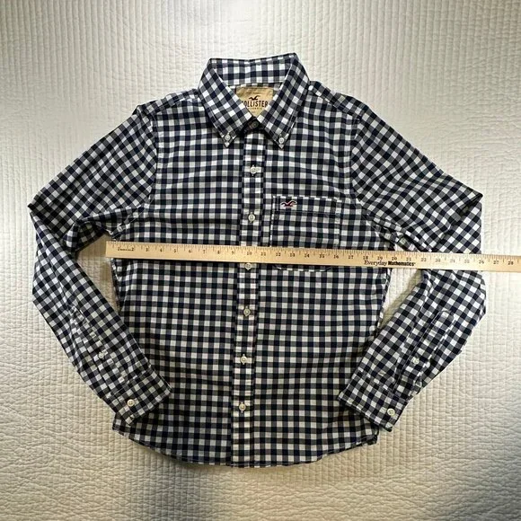 Hollister Navy Blue White Check Long Sleeve Preppy Button Down Shirt Size M - Picture 4 of 10